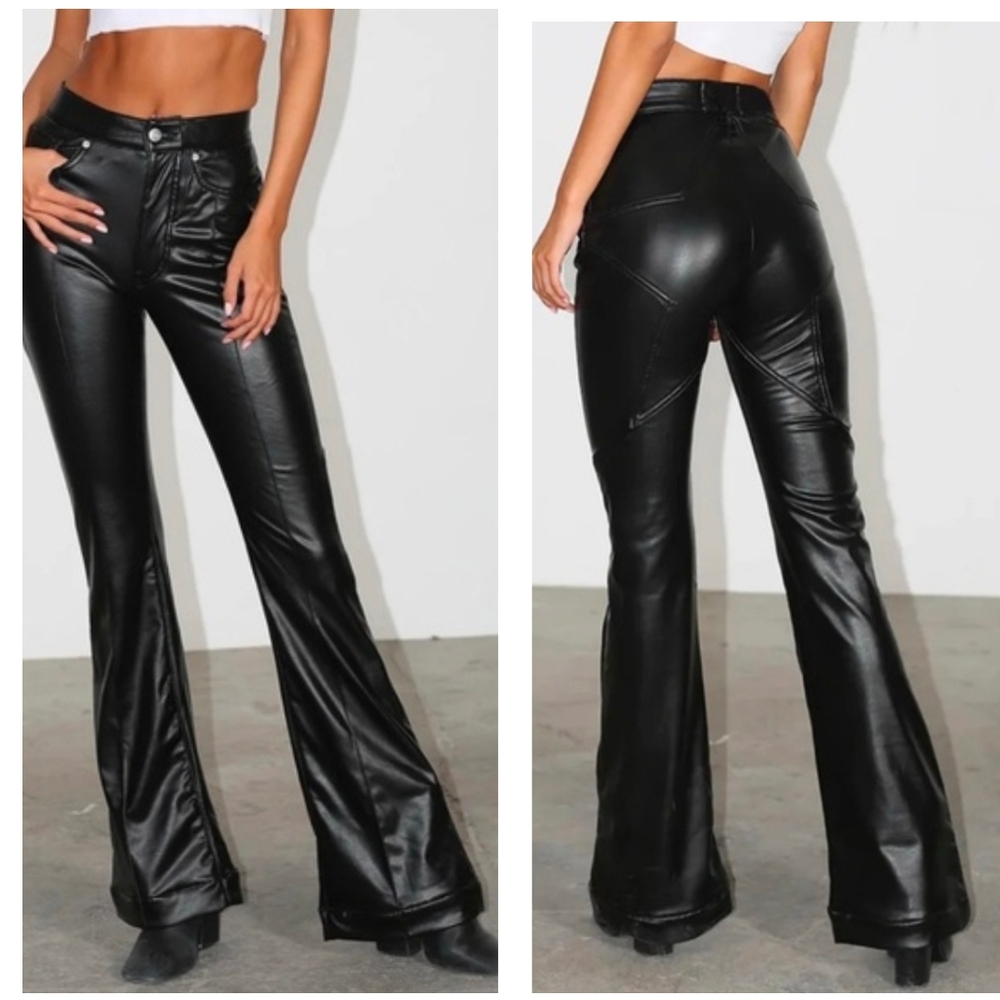 Revice Faux Leather Venus Flare Pants in Supernova Black, High Rise, Sz 27, EUC!